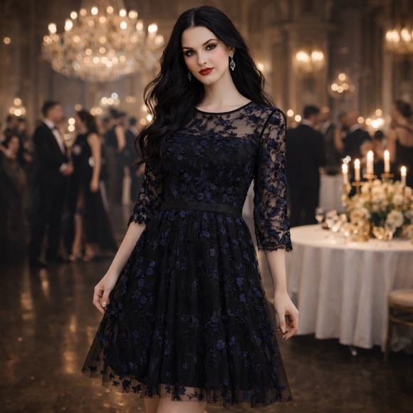 Needle & Thread Black & Purple Floral Embroidered Tulle Midi Cocktail Dress 4 - Picture 11 of 11